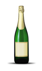Bottle of sparkling wine with blank label on white background. Mockup for design