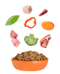 Natural organic ingredients and pet food in bowl on white background