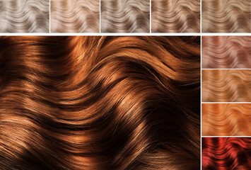 Hair colors palette on white background, top view. Collage