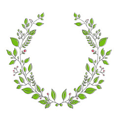 Hand drawn wreath with green leaves on white background. Cute design element for greeting card, wedding invitation. 