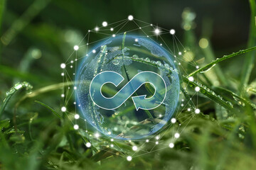 Circular economy concept. Green grass with dew and illustration of infinity symbol in Earth