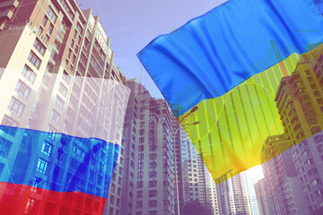 Multiple exposure of Ukrainian, Russian flags, cityscape and online trading platform