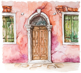 Watercolor painting of old facade of the house with door and windows. Ancient architecture in Venice, Italy. Creative art illustration on white paper.