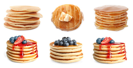 Set with tasty pancakes on white background. Banner design
