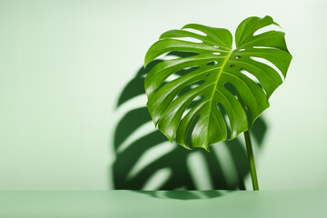 Background for product presentation and monstera leaf with harsh shadows, minimal summer concept