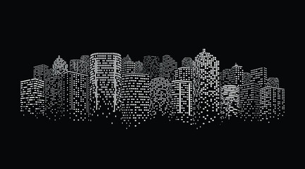 Concept of smart city. Digital building at night. Illustration on black background.