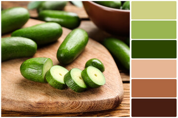 Color palette and fresh seedless avocados on wooden table. Collage