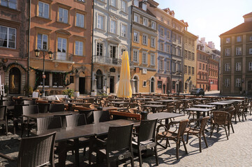 WARSAW, POLAND - MARCH 22, 2022: Beautiful view of modern cafe with outdoor terrace