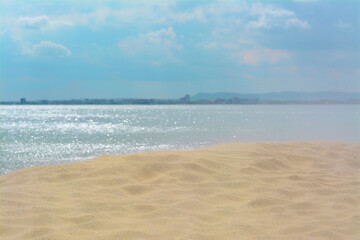 Fototapeta na wymiar Beautiful view of sandy beach and sea on sunny day. Summer vacation