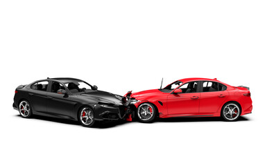 Fototapeta na wymiar Accident between two cars, one red and one black, isolated on white, front view