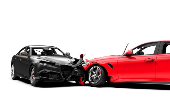 Accident between two cars, one red and one black, isolated on white