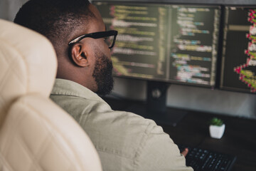 Profile side view portrait of attractive focused concentrated skilled guy tech expert writing data...