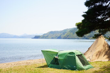 日本 福島県 猪苗代湖 キャンプ - obrazy, fototapety, plakaty