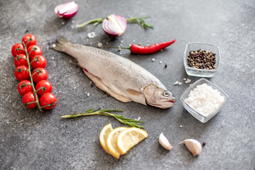 Raw trout fish on stone background