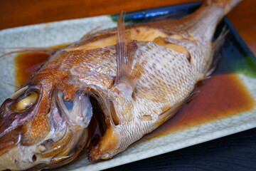 Japanese Food, Simmered Fish with sweetened soy sauce - 日本料理 煮魚 鯛 - obrazy, fototapety, plakaty