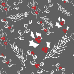 Vector. Merry Christmas, Happy New Year seamless pattern with leaves, berries, holly and spruce branches. Seamless winter background. Design for wrapping paper, greeting cards, textiles, branding.