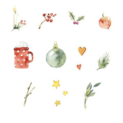 Watercolor set of christmas elements in red-green colors. Hand drawn illustration. Clip arts
