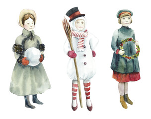 Christmas children. Victorian style. New Year cards. Watercolor hand drawn illustration.