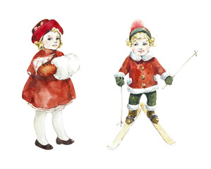 Christmas children. Victorian style. New Year cards. Watercolor hand drawn illustration. - 508446441