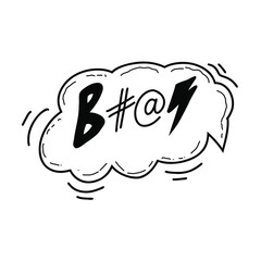Speech bubble with swear words symbols. Doodle hand drawn comic speech bubble with curses, lightning. Angry screaming face emoji. Vector illustration isolated on white.