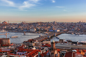Istanbul skyline at sunset, Turkey. Panoramic view of Golden Horn and old districts of Istanbul from Galata tower.