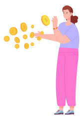 Woman catching golden coins. Money flowing in air