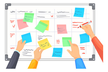 Kanban board with color stickers and writing hands. Cartoon team planning © ssstocker