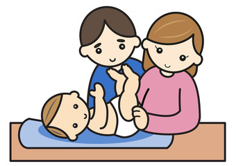 赤ちゃんのオムツ替えをするカップル