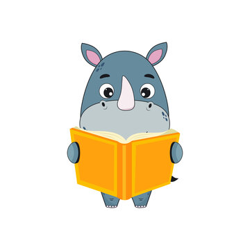Cartoon character rhinoceros holding a book. Rhinoceros icon. Illustration for design and print