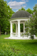 white rotunda on green lawn behind blooming lilac bush  in summer park