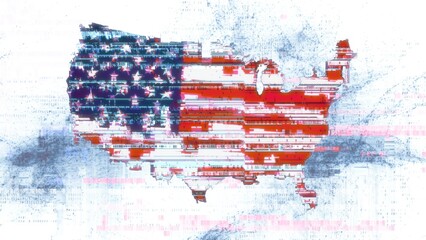 Glitched United States of America flag in silhouette of USA map on abstract digital code background. 3D illustration concept for national cyber security awareness, safe internet and fraud attacks.