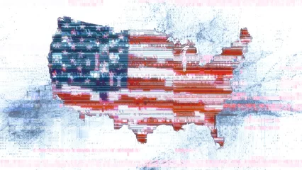 Deurstickers Glitched United States of America flag in silhouette of USA map on abstract digital code background. 3D illustration concept for national cyber security awareness, safe internet and fraud attacks. © remotevfx