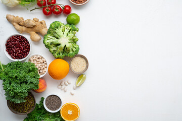Overhead view of food clean eating concept white copy space