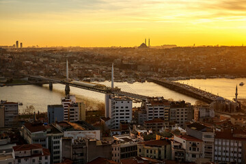 Bridges and view of old districts of Istanbul from Galata tower,
