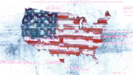 Glitched United States of America flag in silhouette of USA map on abstract digital code loop background. 3D animation concept for national cyber security awareness, safe internet and fraud attacks. - Powered by Adobe