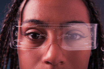 Cropped view of african american woman in smart glasses looking at camera.