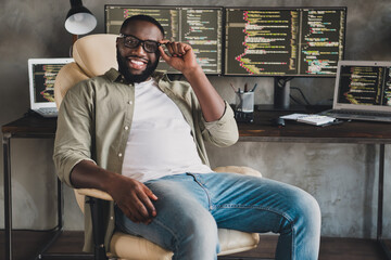 Photo of confident successful businessman sit chair ready write java script website business...