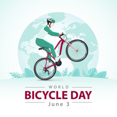 World Bicycle Day on the background of a globe with a cyclist on bike and leaves