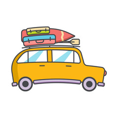 Color icon Car with luggage on roof. Traveling by car. For summer car travel. Suitcases, surfboard. Road trip. World travel, tourism, summer holiday. Outdoor recreation. Flat vector illustration    
