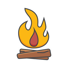 Colored icon of burning bonfire. Bright Fire over firewood. Emblem, logo of summer camp. Hiking, travel, tourism. Healthy outdoor activities concept. Vector illustration
