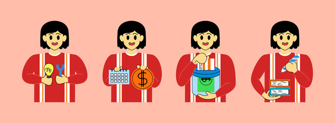 Set Business Concept illustrations. Collection of scenes with woman taking part in business activities. Vector illustration