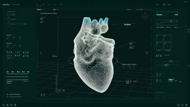 Using 3D printing software at the medical laboratory. Medical laboratory printer is creating a virtual heart. Printing a realistic 3D copy of the human heart at the modern medical laboratory.