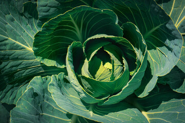 Green cabbage with leaves growing in the garden. Close-up