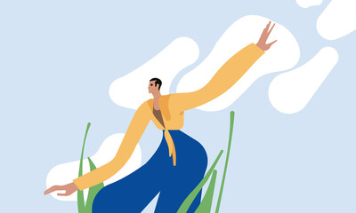 Summer concept. Running woman on a field. Flat modern cartoon vector illustration.