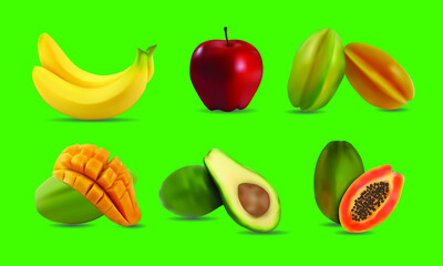 3D vector fruit set isolated from background, banana, mango, avocado, apple, papaya, star fruit