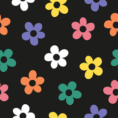 Retro seamless pattern with colorful flowers and black background