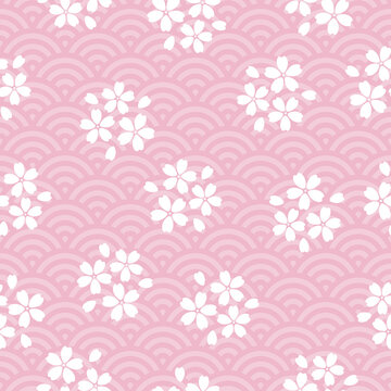 Seamless pattern with Japanese waves and sakura flowers. Traditional print with cherry blossoms. 