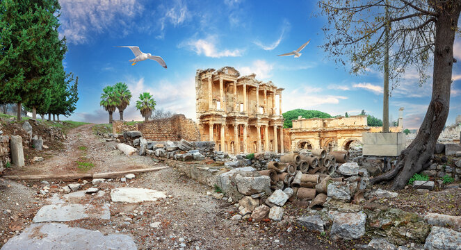 Panorama of surviving ruins of Library of Celsus at Ephesus and seagulls in sky