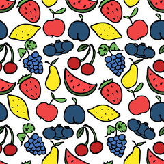 Seamless pattern with fruits icons. Colored doodle fruits pattern. Food background