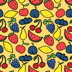 Seamless pattern with fruits icons. Colored doodle fruits pattern. Food background